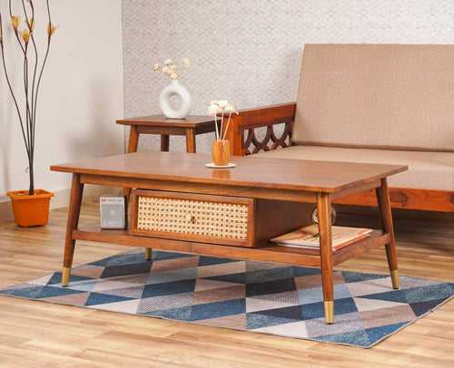 Boston Solid Wood Rattan Cane two Drawer Coffee Table