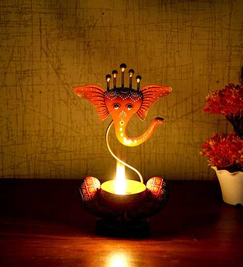 Iron Ganesh T Light in Saffron