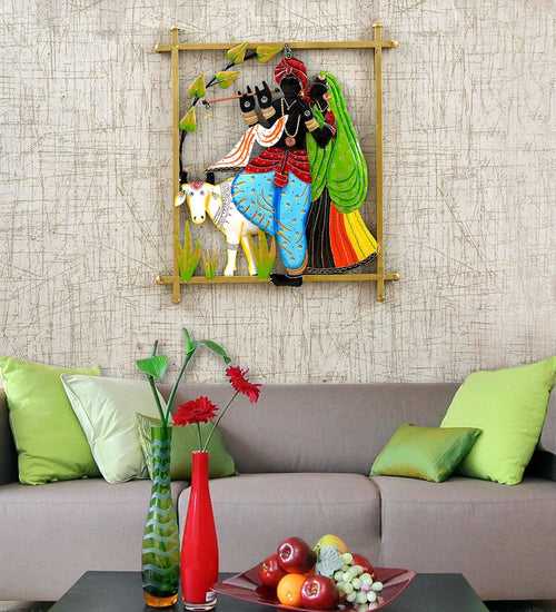 Iron Rectangle Multicolour Radha Krishna  Wall Hanging In Multicolour