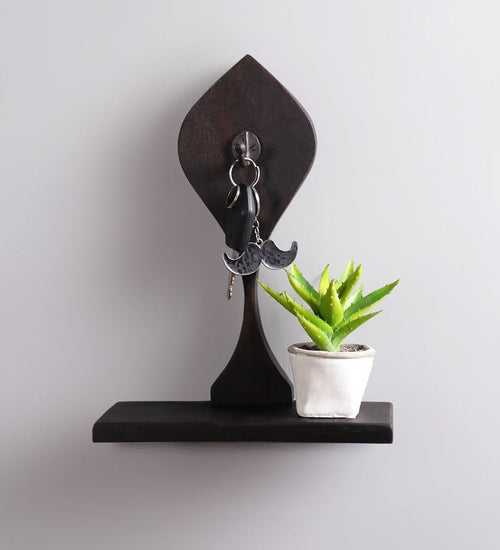 Mango Wood Floating Wall Shelf with Key Holder in Brown colour