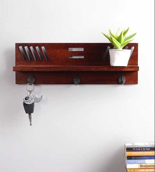 Mango Wood Floating Wall Shelf with Key Holder in Brown colour