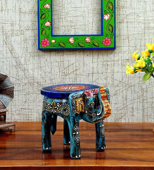 Wooden Mini Blue Elephant Chowki/Flower Pot Stand