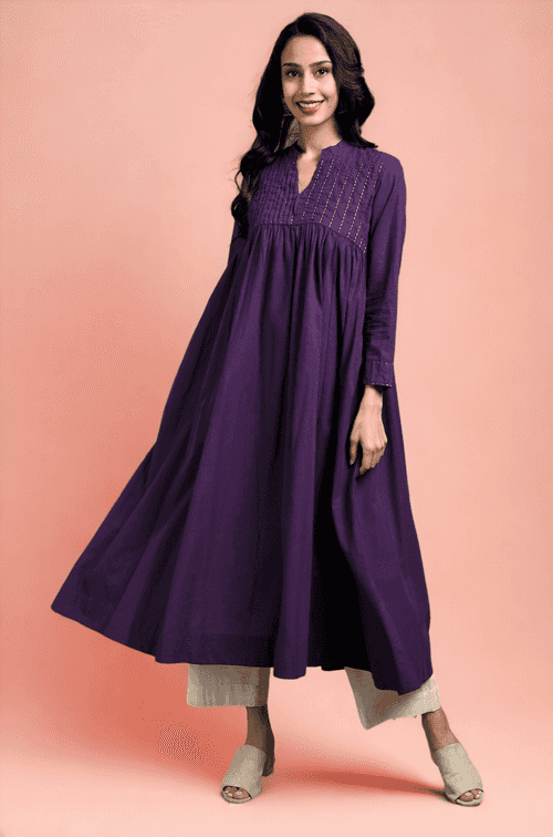 pintuck collar anarkali - imperial purple & gold drops