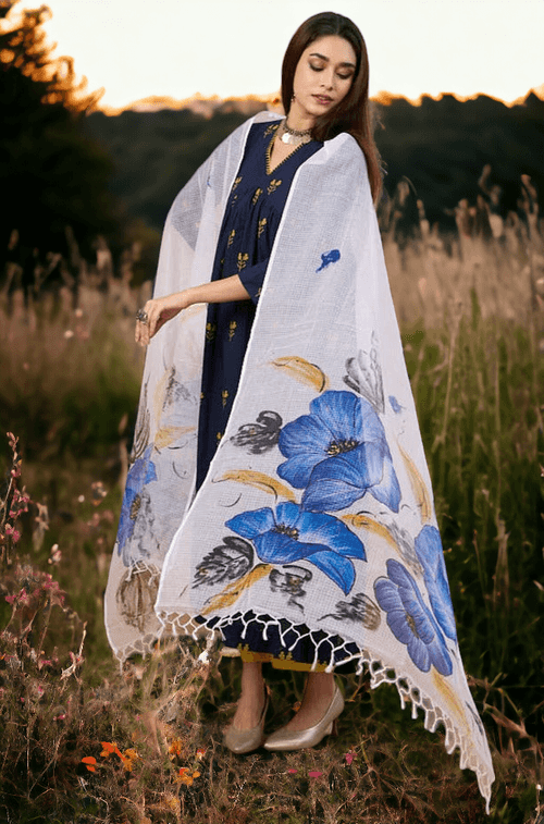 hand-painted kota dupatta - indigo bluebells & leaves