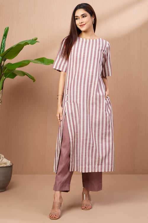 co-ord set- side button adjustable slit kurta - mauve whisper stripes