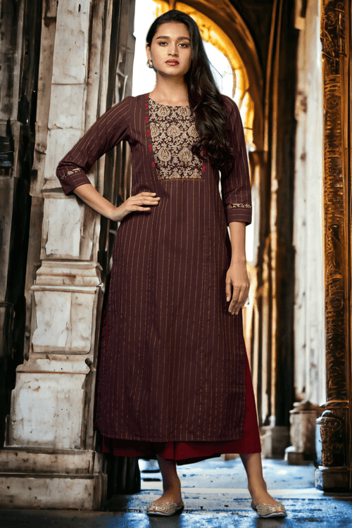 long kurta with yoke - mocha velvet & retro gold