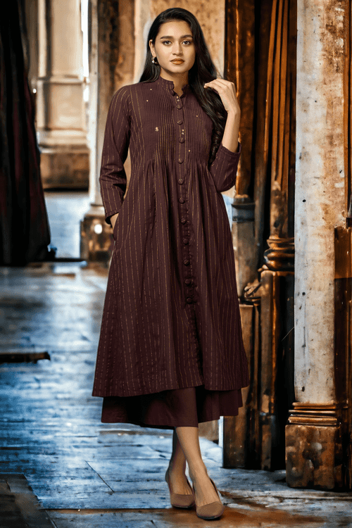 pleated pintuck collar dress - golden cocoa & horizon stripes