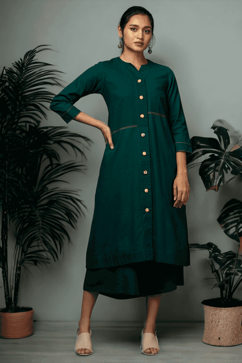 button down tunic kurta with hand stitched details - Evergreen Opulence & Lush Charm