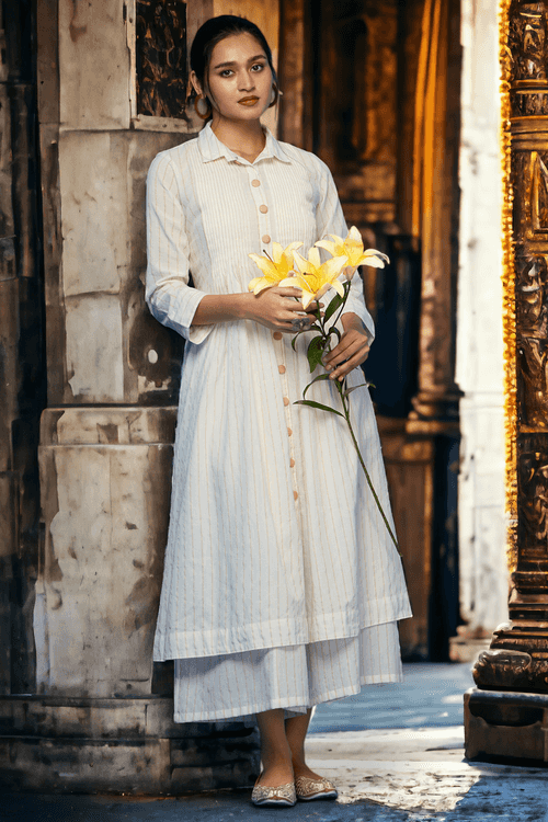 pleated neck pintuck collar dress - pearlescent & gilded stripes