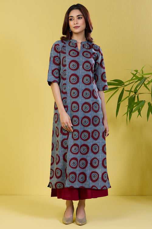 reversible long yoke panel kurta nightfall blue