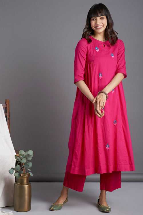 side gather a-line kurta - ravishing pink & tulip glow