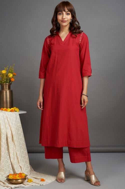 v-neck kurta - ruby woo & parchment flowers