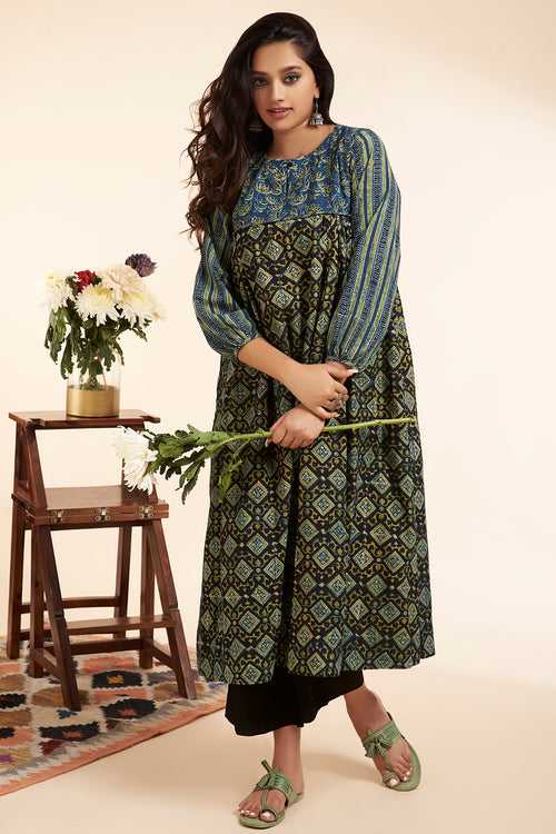 a-line kurta with gather sleeve - vintage indigo & blooming lotus