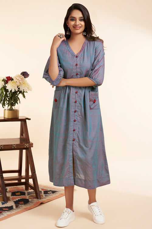 button down dress - indigo taupe & rose bloom