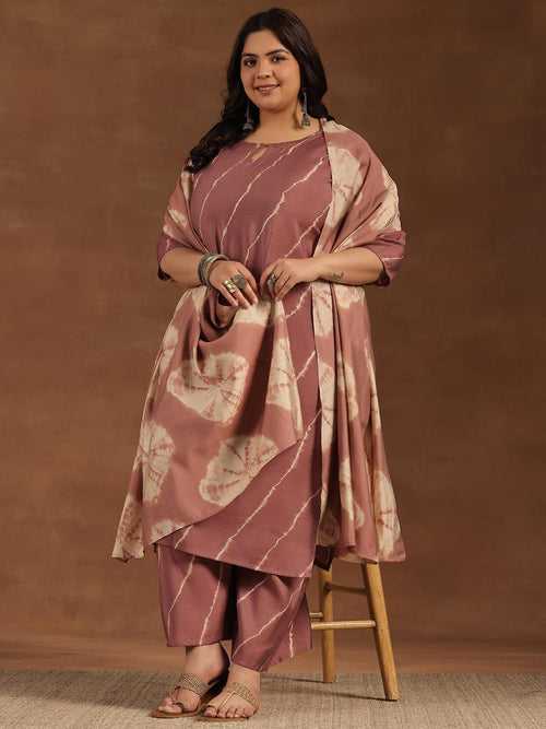 Plus Size Mauve Printed Silk Blend Straight Suit With Dupatta