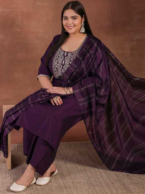 Plus Size Purple Yoke Design Silk Blend Straight Suit With Dupatta