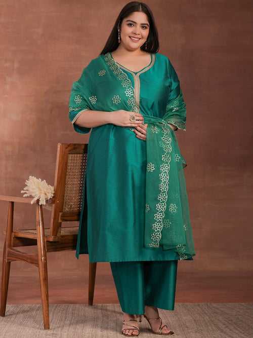 Plus Size Green Solid Silk Blend Straight Suit With Dupatta