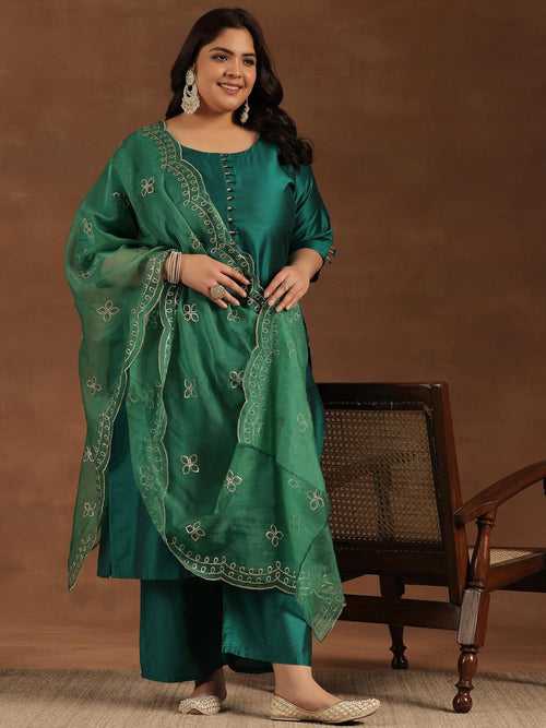 Plus Size Green Solid Silk Blend Straight Suit With Dupatta