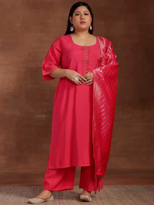 Plus Size Pink Solid Silk Blend Straight Suit With Dupatta