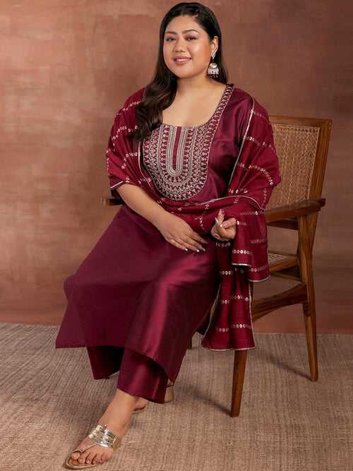 Plus Size Burgundy Yoke Design Silk Blend Straight Suit With Dupatta