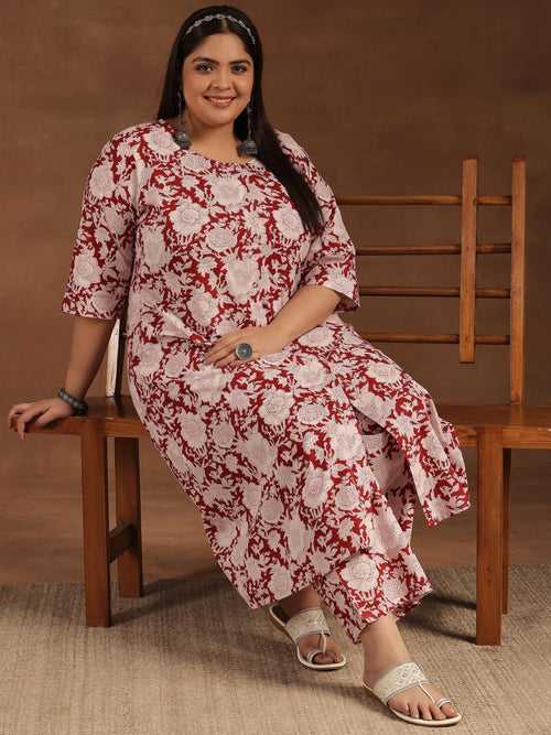 Plus Size Maroon Printed Cotton Co-Ords