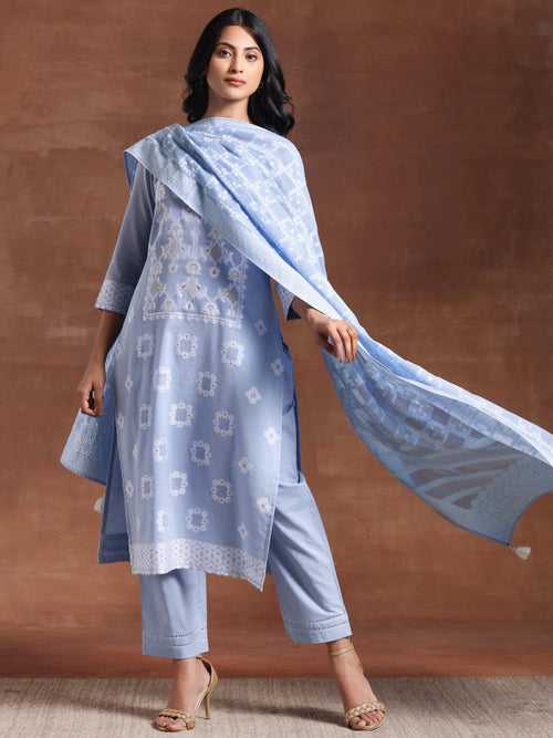 Blue Woven Design Cotton Straight Suit With Dupatta
