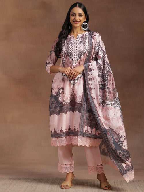 Pink Printed Silk Blend Straight Suit With Dupatta