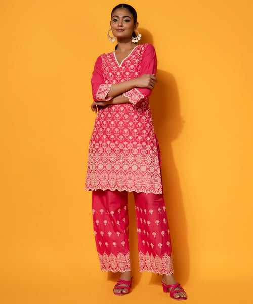 Pink Embroidered Cotton Co-Ords