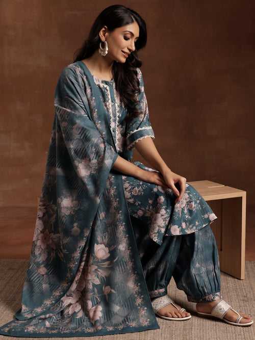 Green Printed Cotton Straight Suit With Dupatta