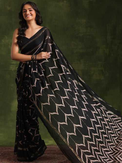 Black Printed Poly Georgette Saree With Unstitched Blouse Piece