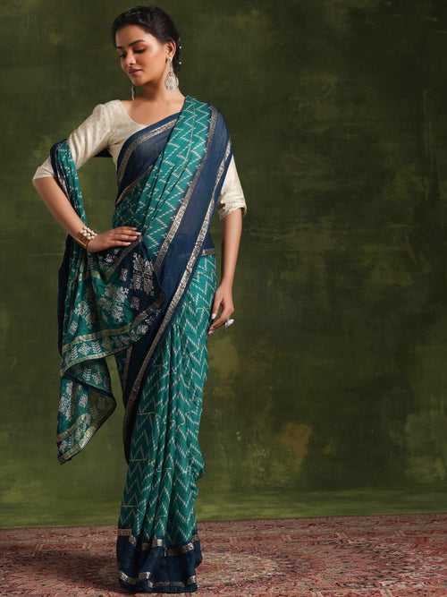 Green Printed Poly Georgette Saree With Unstitched Blouse Piece