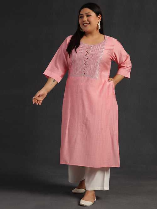 Plus Size Peach Yoke Design Silk Straight Kurta