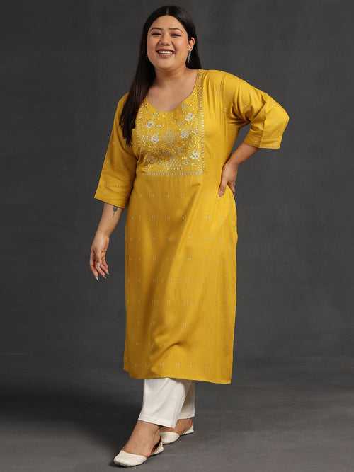 Plus Size Mustard Yoke Design Silk Straight Kurta