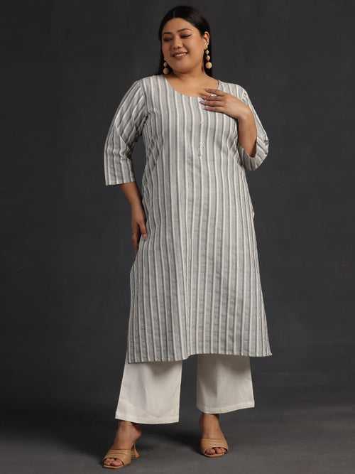 Plus Size Off White Printed Cotton Straight Kurta