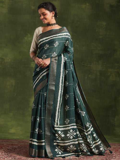 Green Printed Silk Blend Saree With Unstitched Blouse Piece