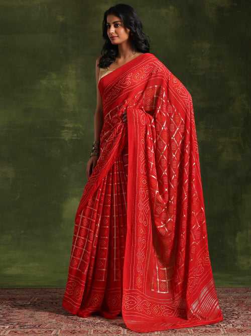 Red Printed Poly Georgette Saree With Unstitched Blouse Piece