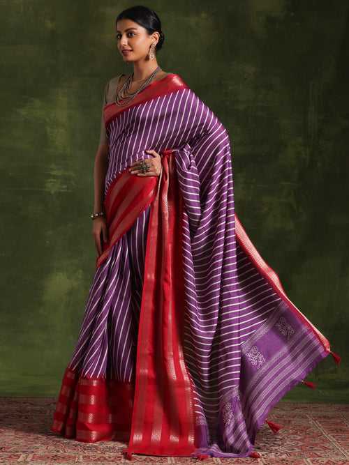 Lavender Printed Silk Blend Saree With Unstitched Blouse Piece