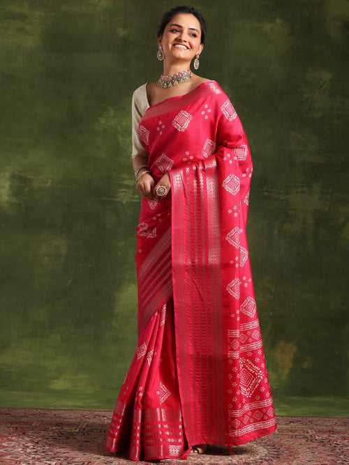 Pink Printed Silk Blend Saree With Unstitched Blouse Piece