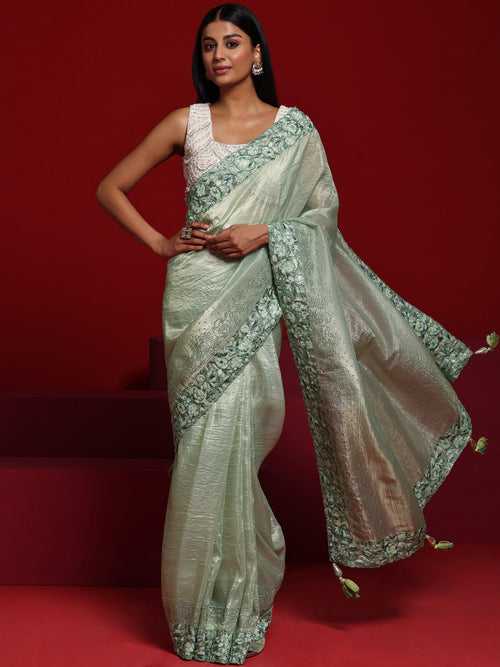 Libas Art Green Embellished Tissue Saree With Unstitched Blouse Piece
