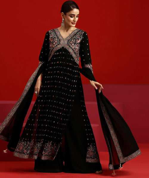 Libas Art Black Embroidered Georgette A-Line Kurta With Palazzos & Dupatta