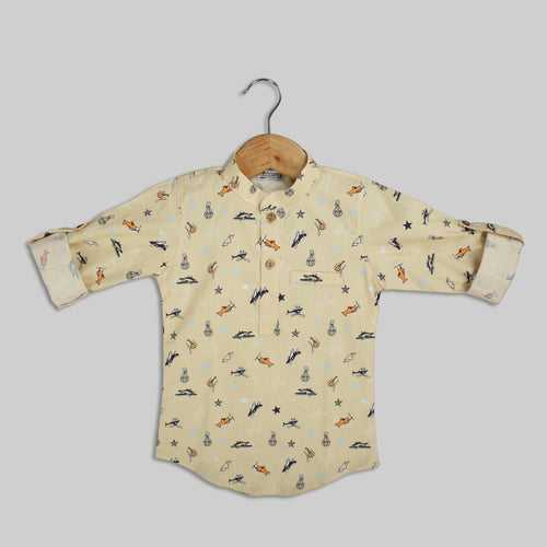 Beige Cotton Printed Shirt For Boys