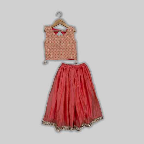 Pre Order: Peach Embroidered Top and Ghaghra Set For Girls