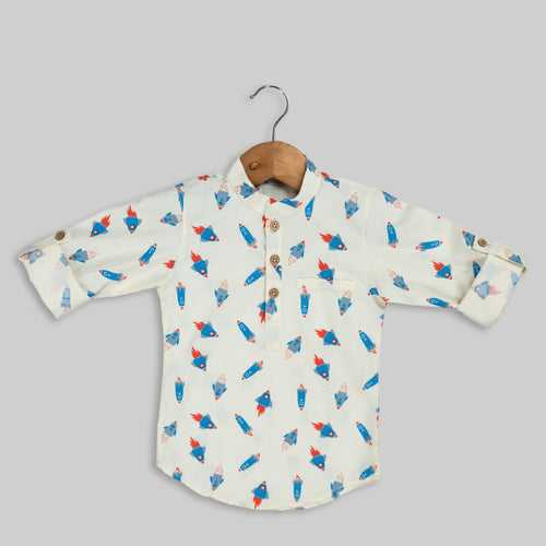 Cream Cotton Rocket Printed Kurta Shirt For Boys