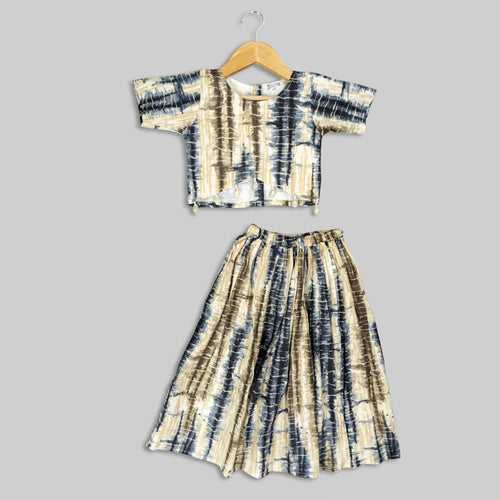 Pre-Order: Beige Cotton Shibori Printed Top and Skirt For Girls