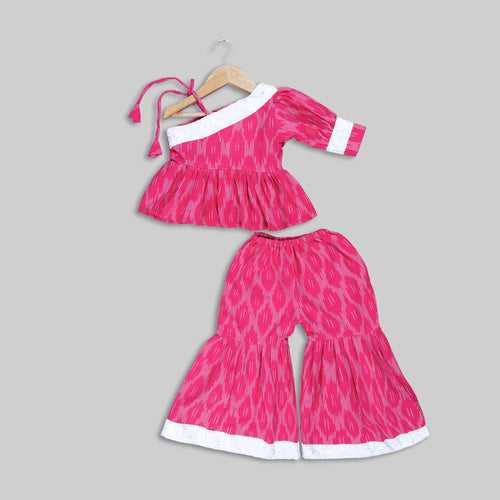 Pink Cotton Ikat Top and Sharara Set For Boys