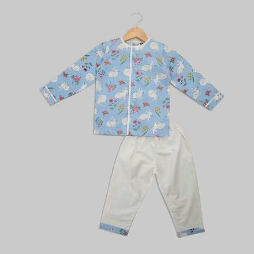 Blue and White Cotton Pyjama Set With Rabbit Print