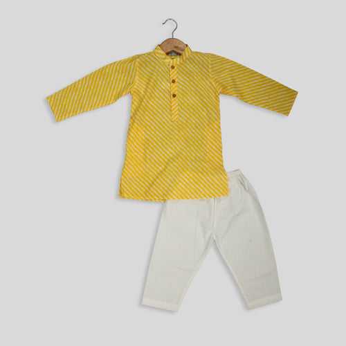 Yellow Cotton Lehariya Printed Kurta Pyjama For Boys