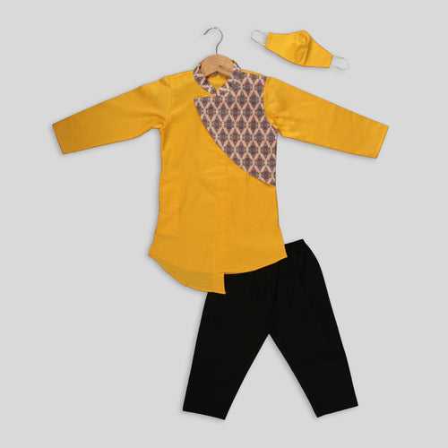 Yellow Kurta And Black Cotton Pyjama With Jacket