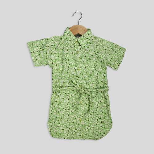 Green Floral Printed Shirt Dress For Girls
