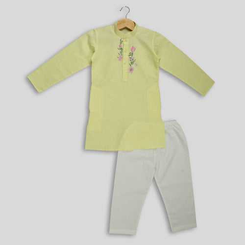 Yellow Cotton Kurta Pyjama Set for Boys With Embroidery